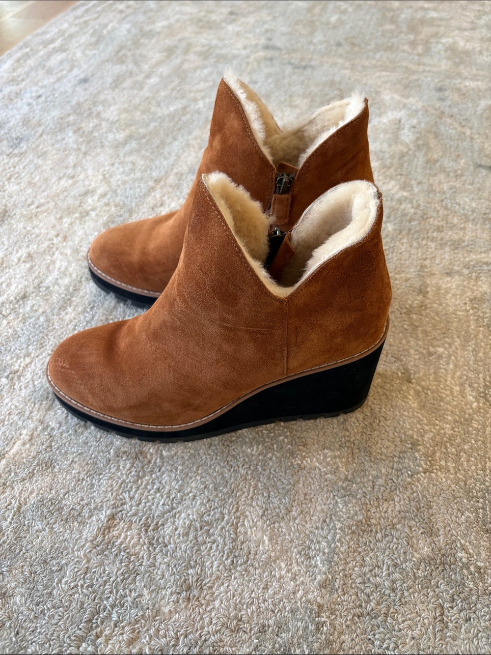 Eileen Fisher Suede Wedge Mules in Chestnut Brown with Shearling Trim